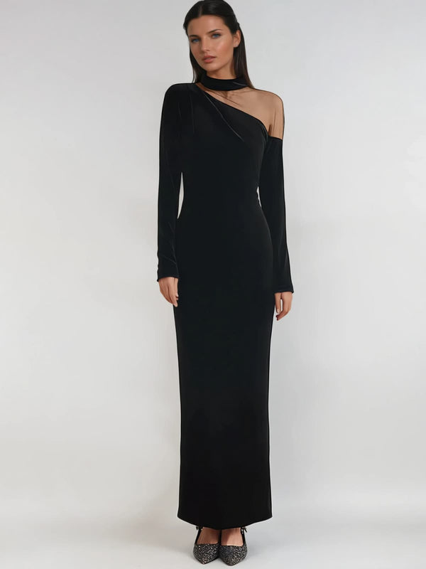 Cyrax Stand Collar Velvet Split Maxi Dress