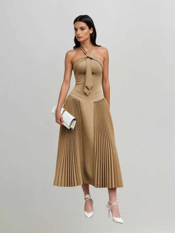 Cyrene Halterneck Tie Pleated Midi Dress