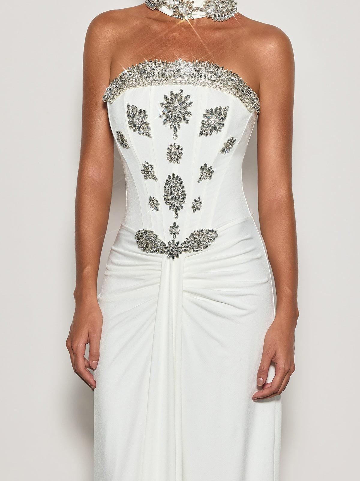 white strapless dress with scarf Mew Mews Cyrila Strapless Crystal Scarf Maxi Dress