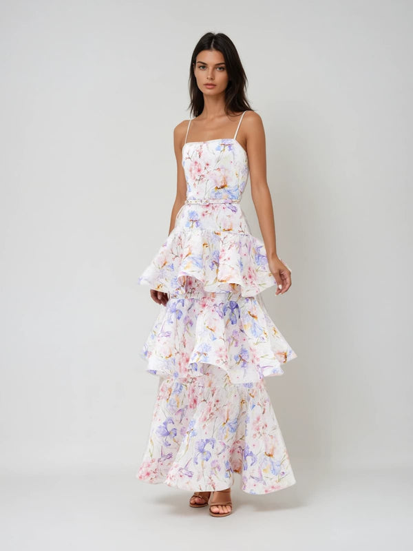 Cyrion Spaghetti Floral Ruffle Tiered Maxi Dress