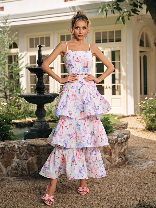 Cyrion Spaghetti Floral Ruffle Tiered Maxi Dress