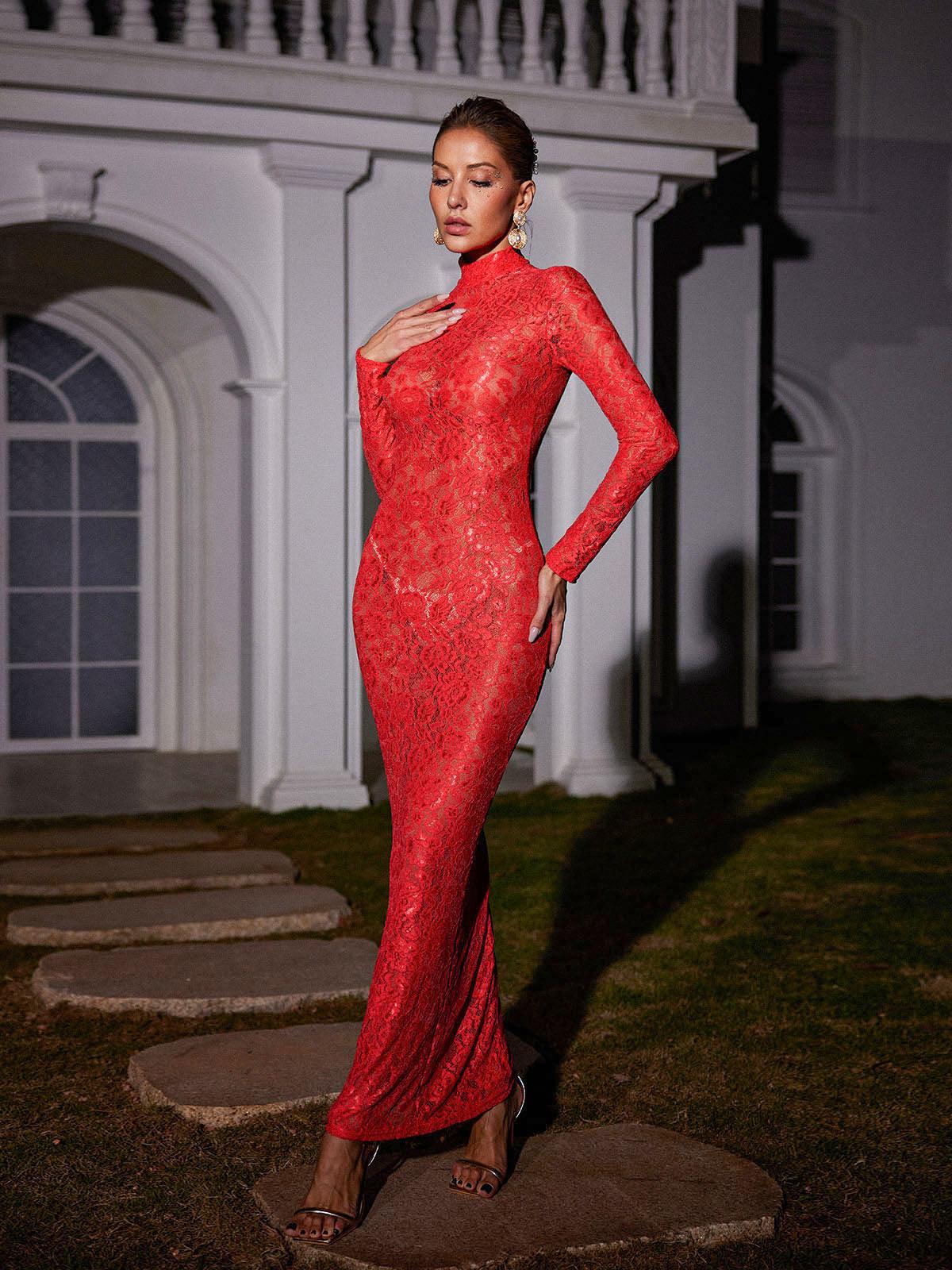 red long sleeve lace dress Long Sleeve Floral Lace Maxi Dress Burgundy