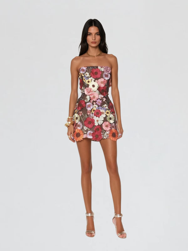 Danielle Strapless Flower Embroidered Mini Dress