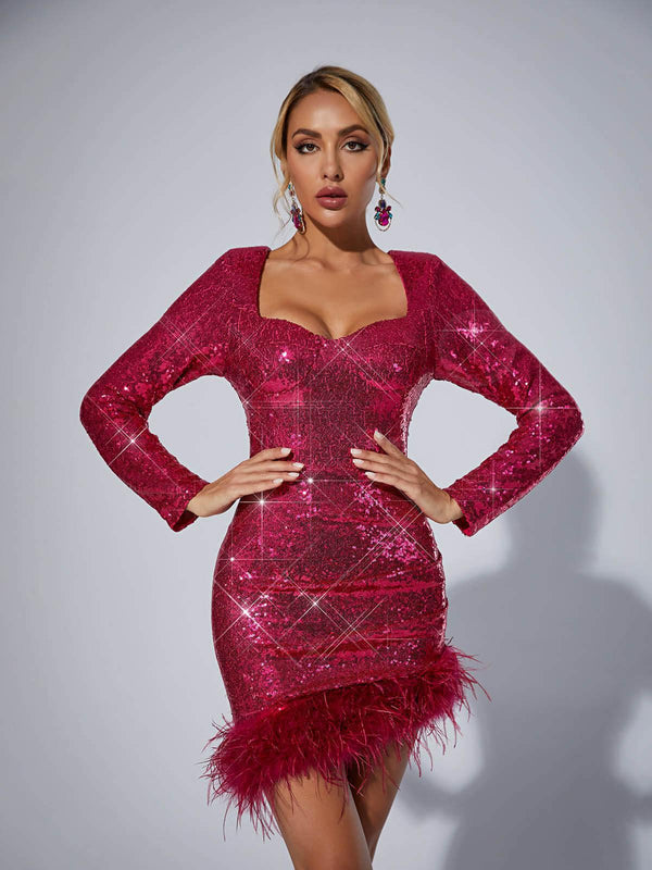 Daria Sequin Feather Mini Dress In Hot Pink - Mew Mews Fashion