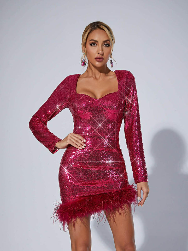 Daria Sequin Feather Mini Dress In Hot Pink - Mew Mews Fashion