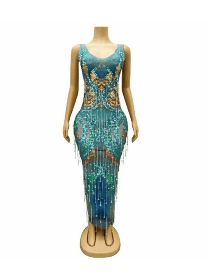 Darrell Print Crystal Fringe Maxi Dress - Mew Mews