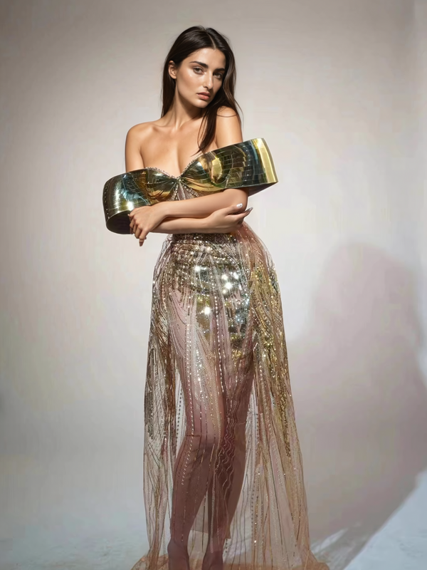 Daryle Off Shoulder Sequin Split Maxi Dress