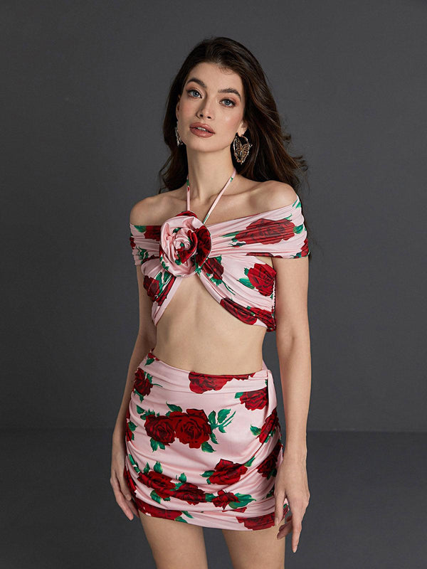 Dee Halterneck Rose Printed Skirt Set - Mew Mews Fashion