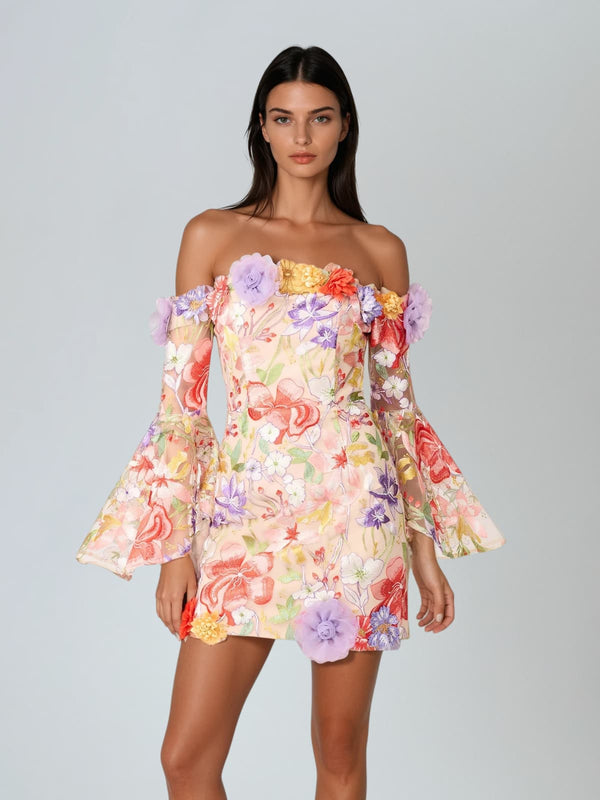 Deltria Off Shoulder Flower Embroidered Mini Dress