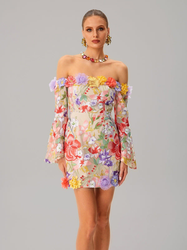 Deltria Off Shoulder Flower Embroidered Mini Dress