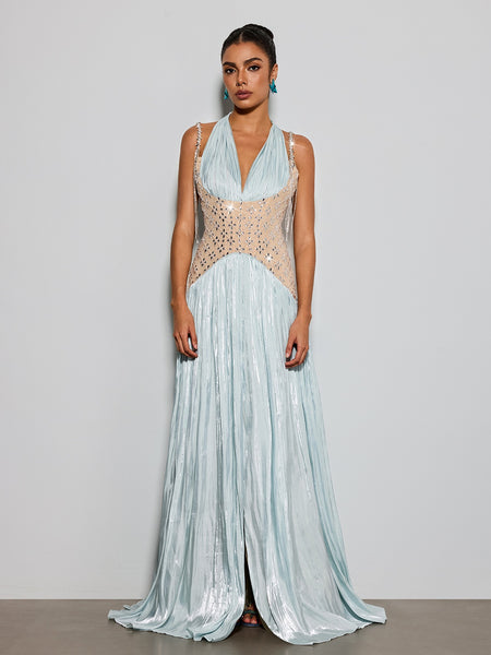 halter neck pleated maxi dress Mew Mews Delvion Halterneck Rhinestone Category_Short Dress Nmoder Midi Dresses for Size:8 Formal Dinner