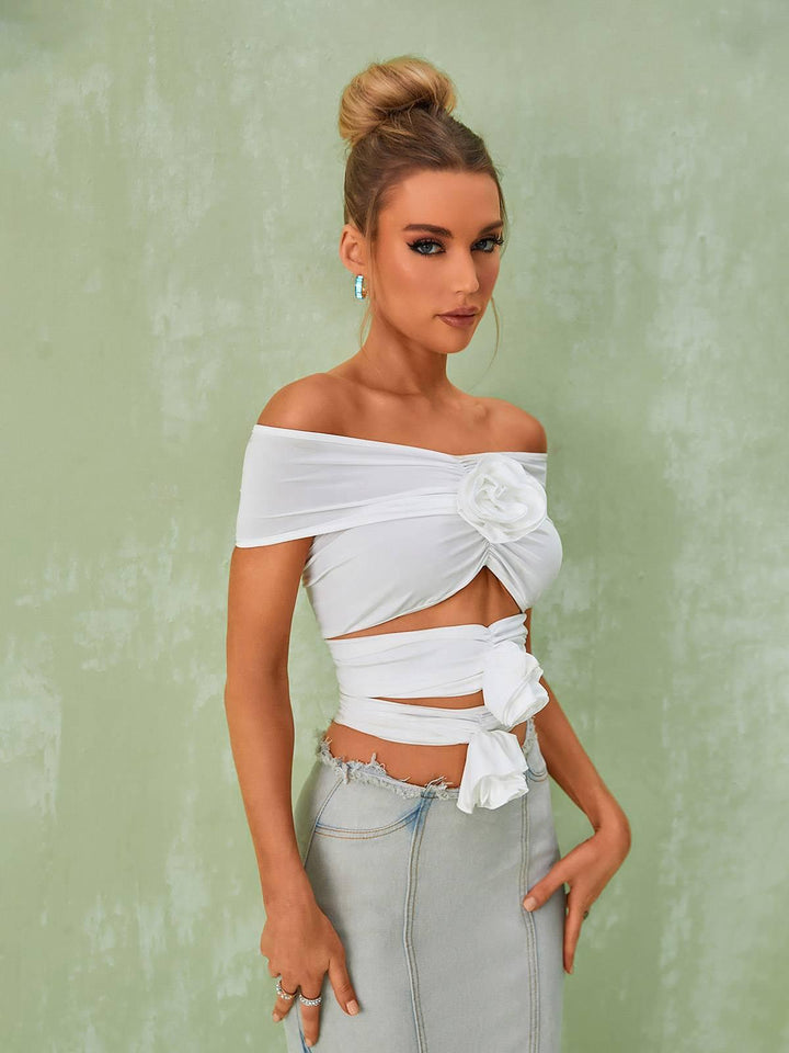 Demetria Flower Cutout Top In White - Mew Mews Fashion