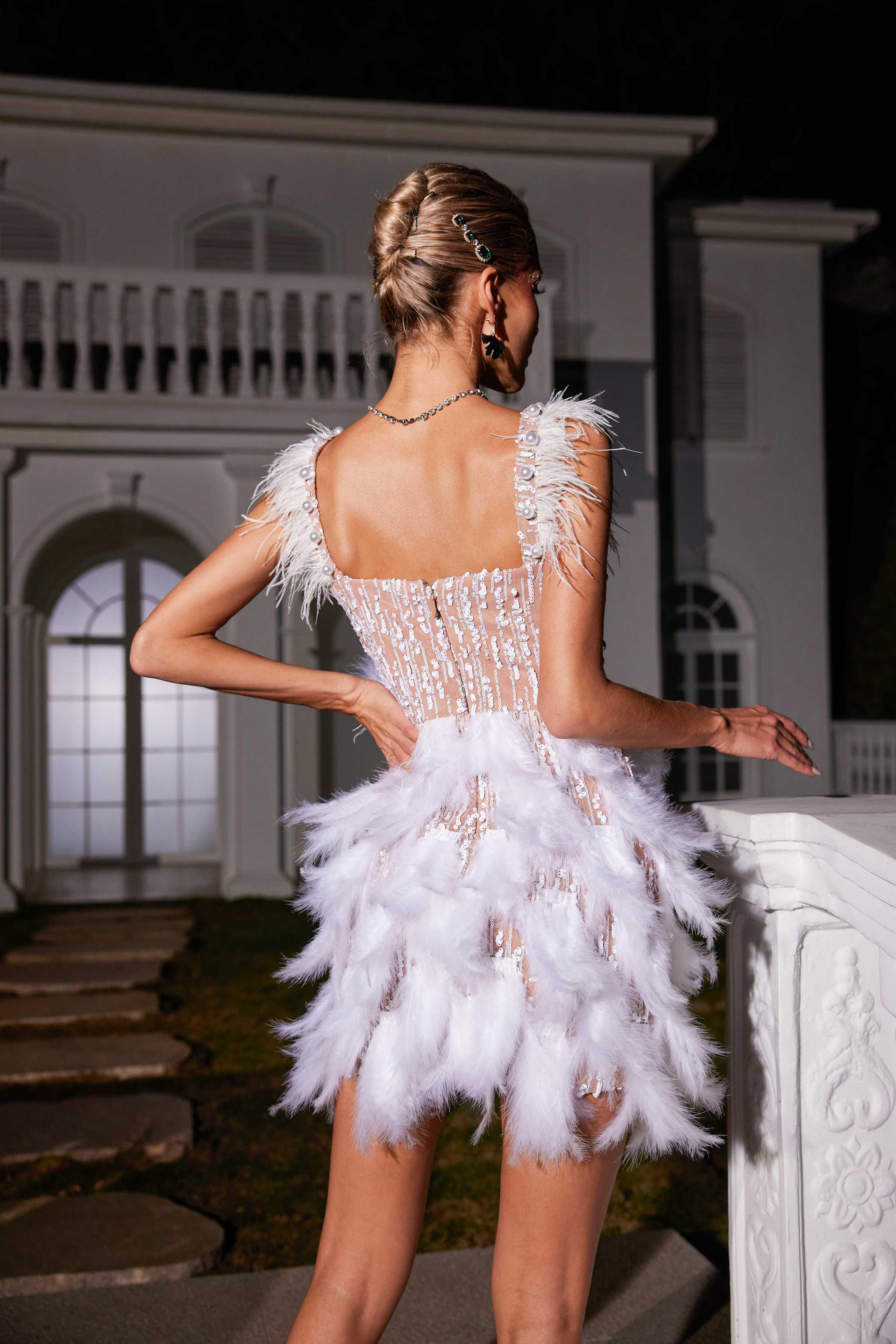 feather sequin dress Mew Mews Derby Pearl Dani Slip Dress, in Sequin Off Shoulder Feather granny dress Color:DESERT SAGE