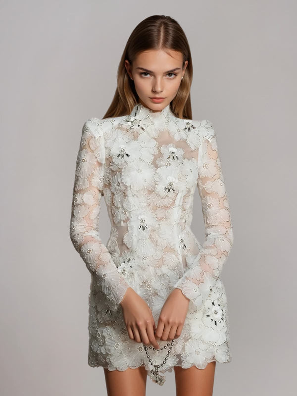 Diapente Flower Pearl Mesh Mini Dress