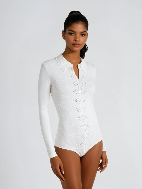 Diatoma Folded Collar Embroidered Bodysuit