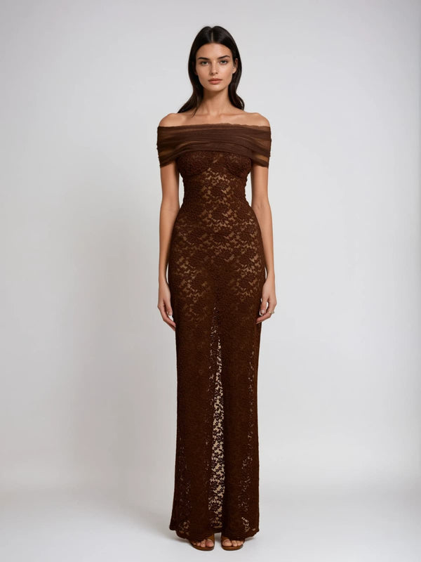 Dilaton Off Shoulder Lace Split Maxi Dress