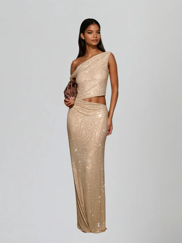 Diopter Cutout Rhinestone Maxi Dress In Apricot