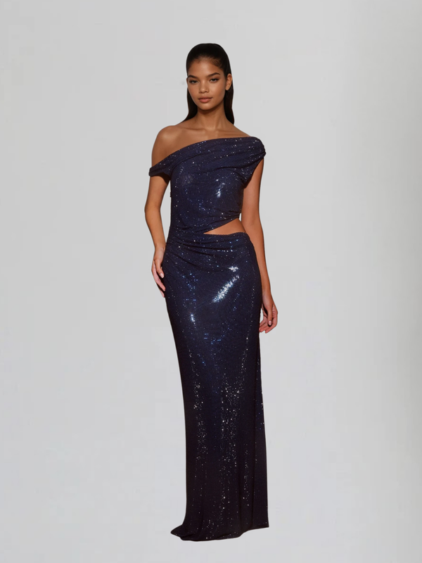 Diopter Cutout Rhinestone Maxi Dress In Navy