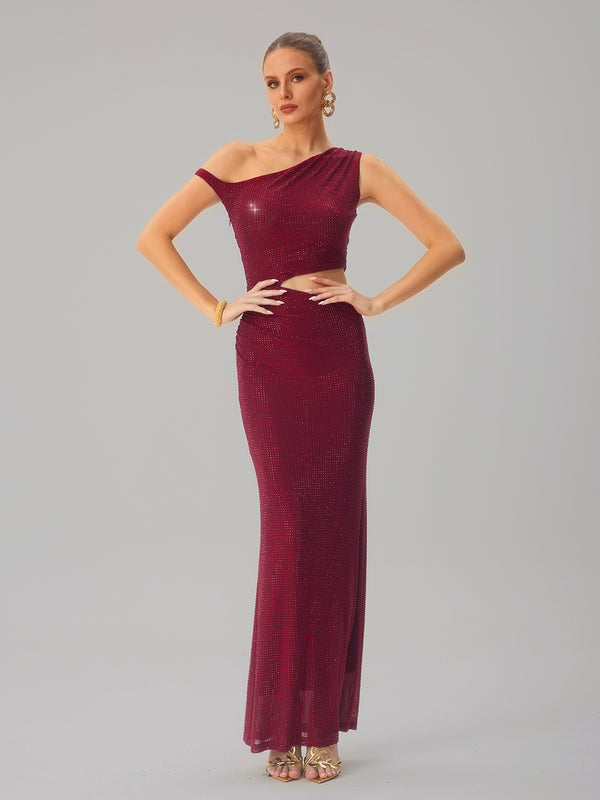 Diopter Cutout Rhinestone Maxi Dress In Wine