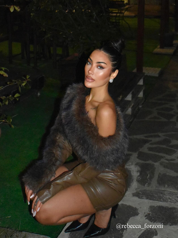 Dioptra One Shoulder Leather Faux Fur Mini Dress In Chocolate