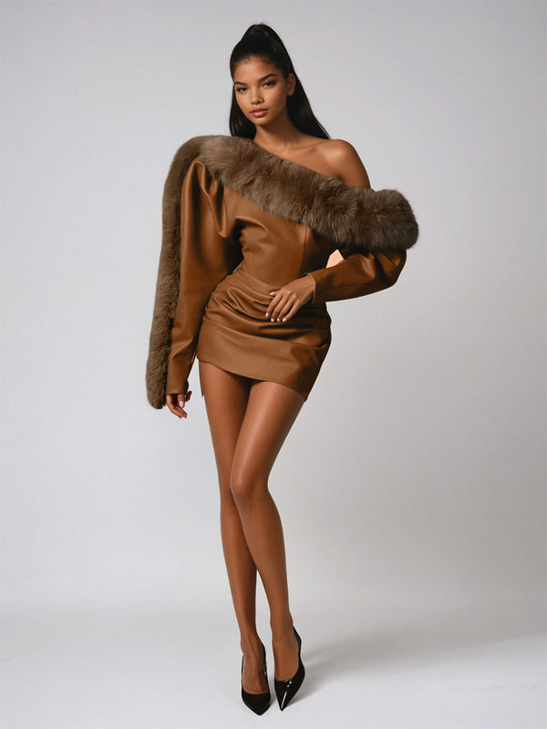Dioptra One Shoulder Leather Faux Fur Mini Dress In Caramel