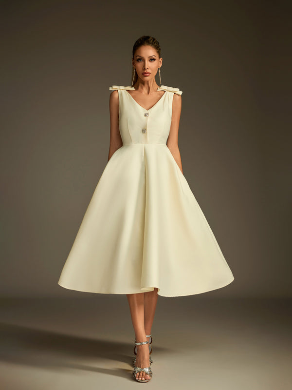 Diorum V Neck Bow Button Up Midi Dress