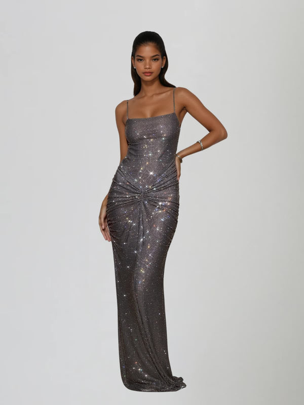 Doliron Spaghetti Twisted Rhinestone Maxi Dress