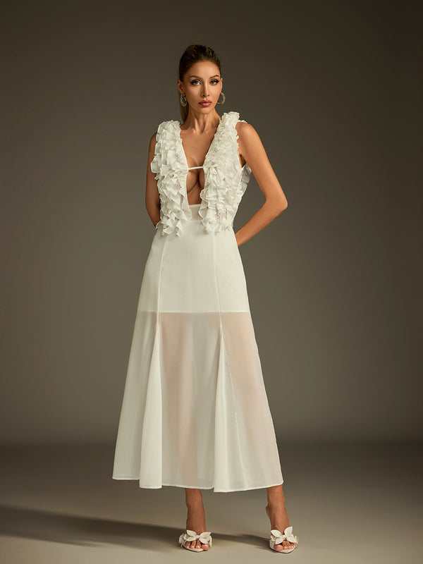 Dolomir Plunge Neck Ruffle Mesh Midi Dress