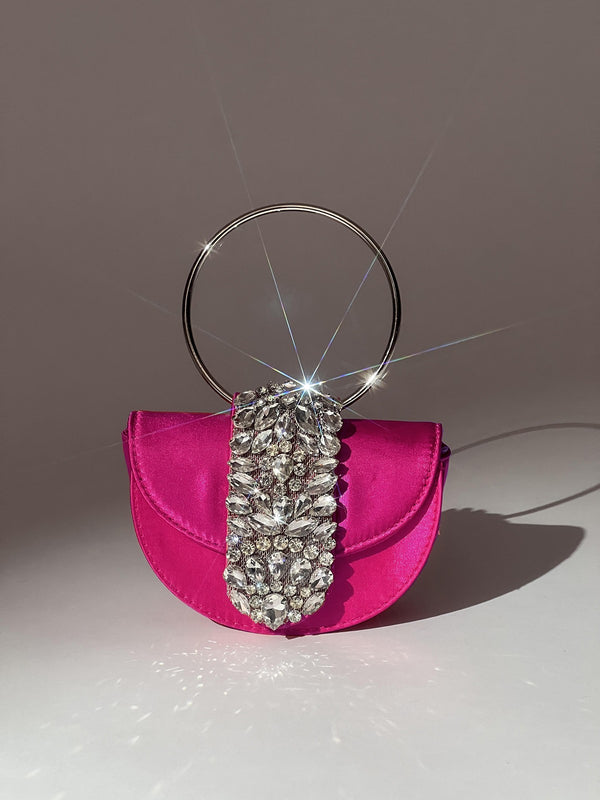 Dorothea Satin Crystal Clutch In Hot Pink