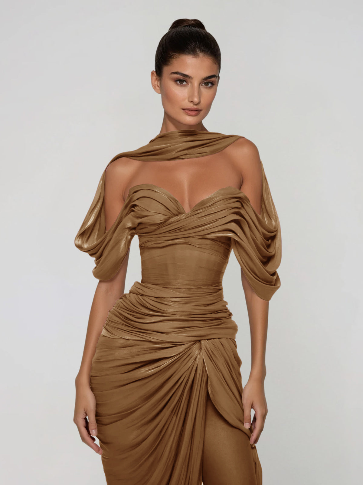 khaki off shoulder dress Drexen Off Shoulder Draped Maxi Dress In Khaki