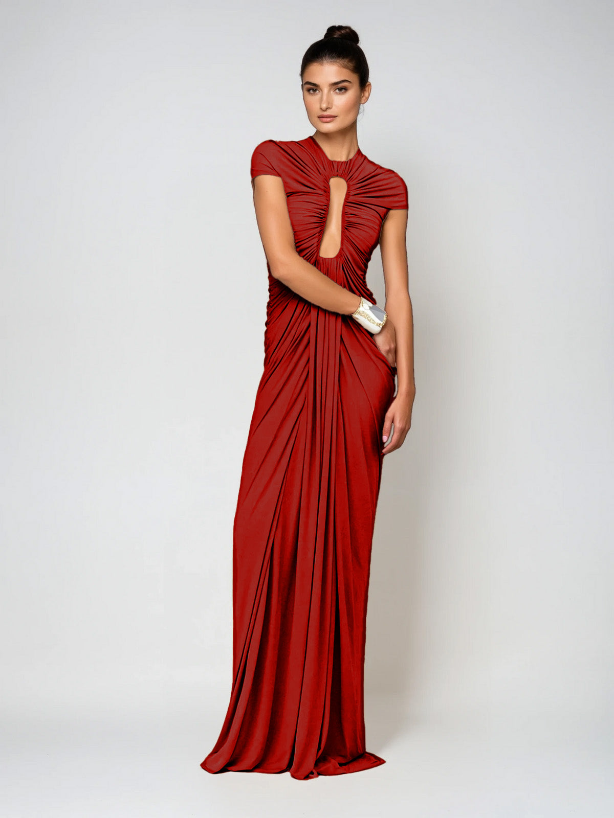Drosyne Cutout Ruched Draped Maxi Dress In Red