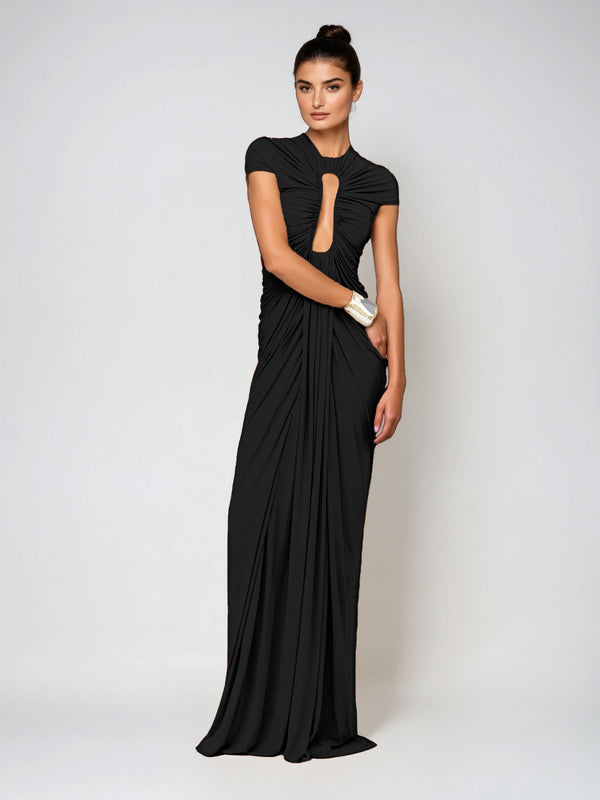 Drosyne Cutout Ruched Draped Maxi Dress In Black
