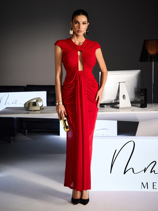 Drosyne Cutout Ruched Draped Maxi Dress In Red