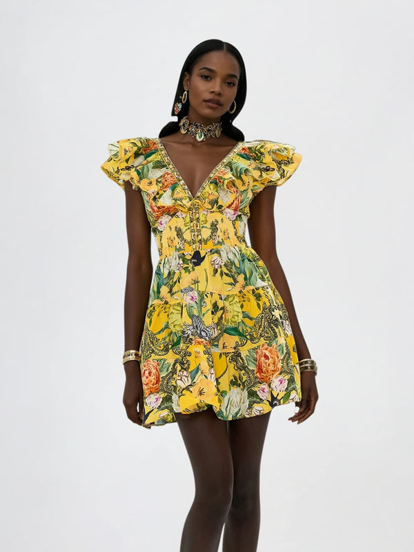 Dryon V Neck Ruffle Printed Mini Dress