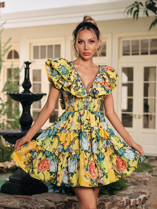Dryon V Neck Ruffle Printed Mini Dress