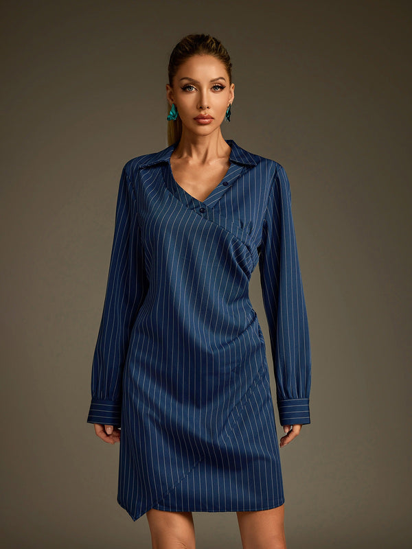 Dunite Folded Collar Stripe Mini Shirt Dress