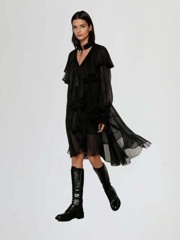 Dynexus Long Sleeve Mesh Ruffle Mini Dress