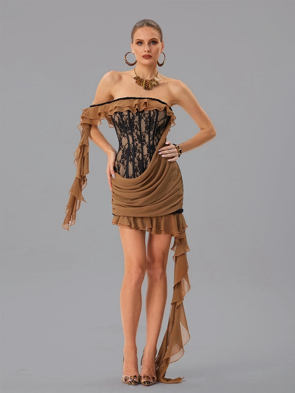 Dyphonia Strapless Lace Ruffle Mini Dress