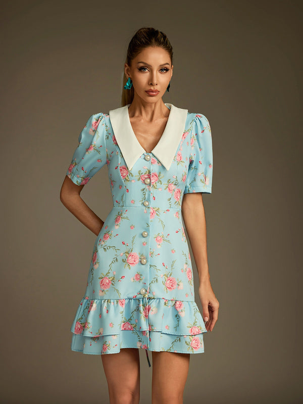 Dyvalen V Neck Lace Up Floral Dress In Sky