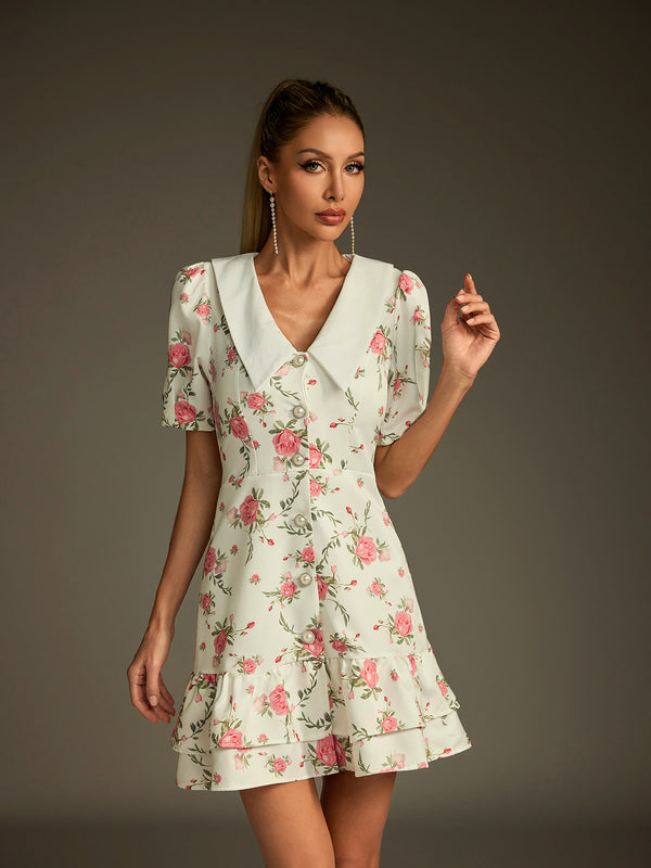 Dyvalen V Neck Lace Up Floral Dress In White