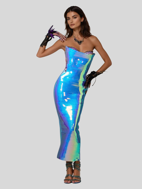Eadward Strapless Metallic Midi Dress In Blue