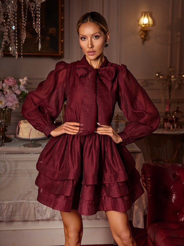 Eairein Long Sleeve Bow Ruffle Mini Dress