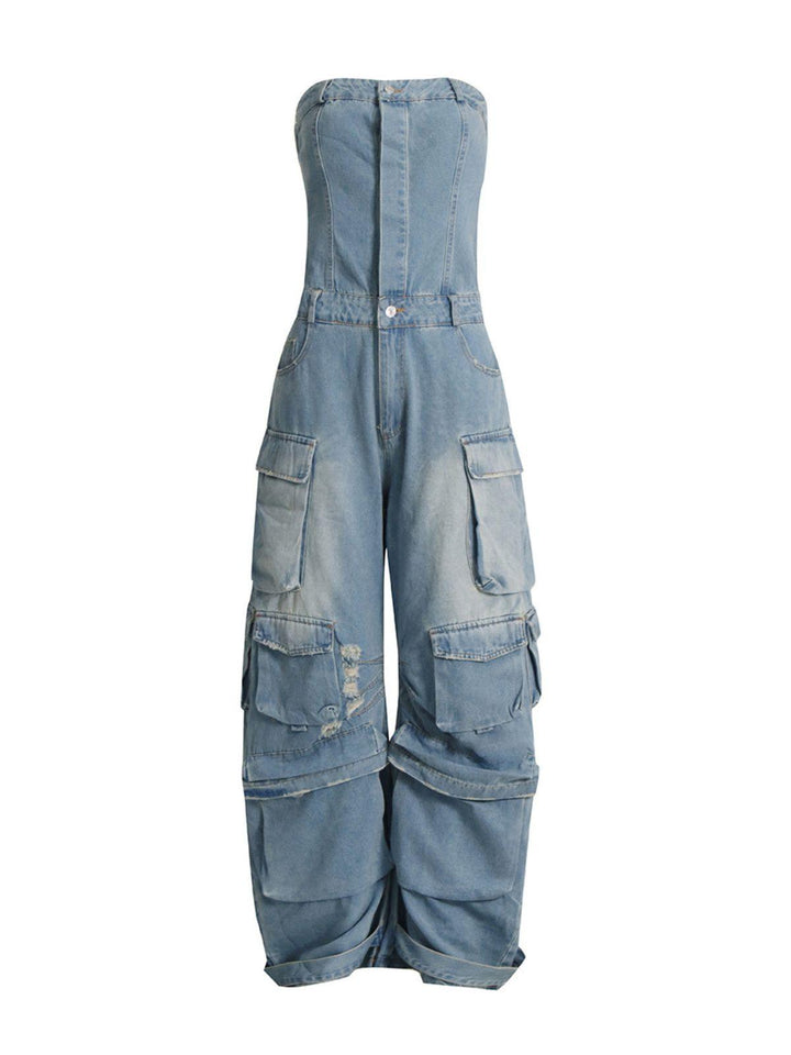 Eden Strapless Pocket Denim Jumpsuit In Blue - Mew Mews