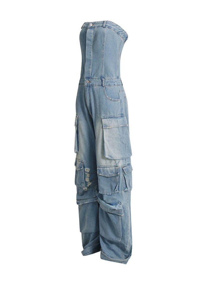 Eden Strapless Pocket Denim Jumpsuit In Blue - Mew Mews