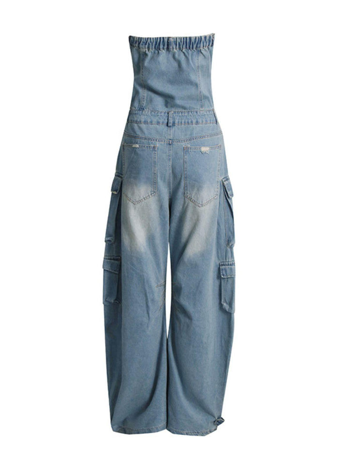 Eden Strapless Pocket Denim Jumpsuit In Blue - Mew Mews