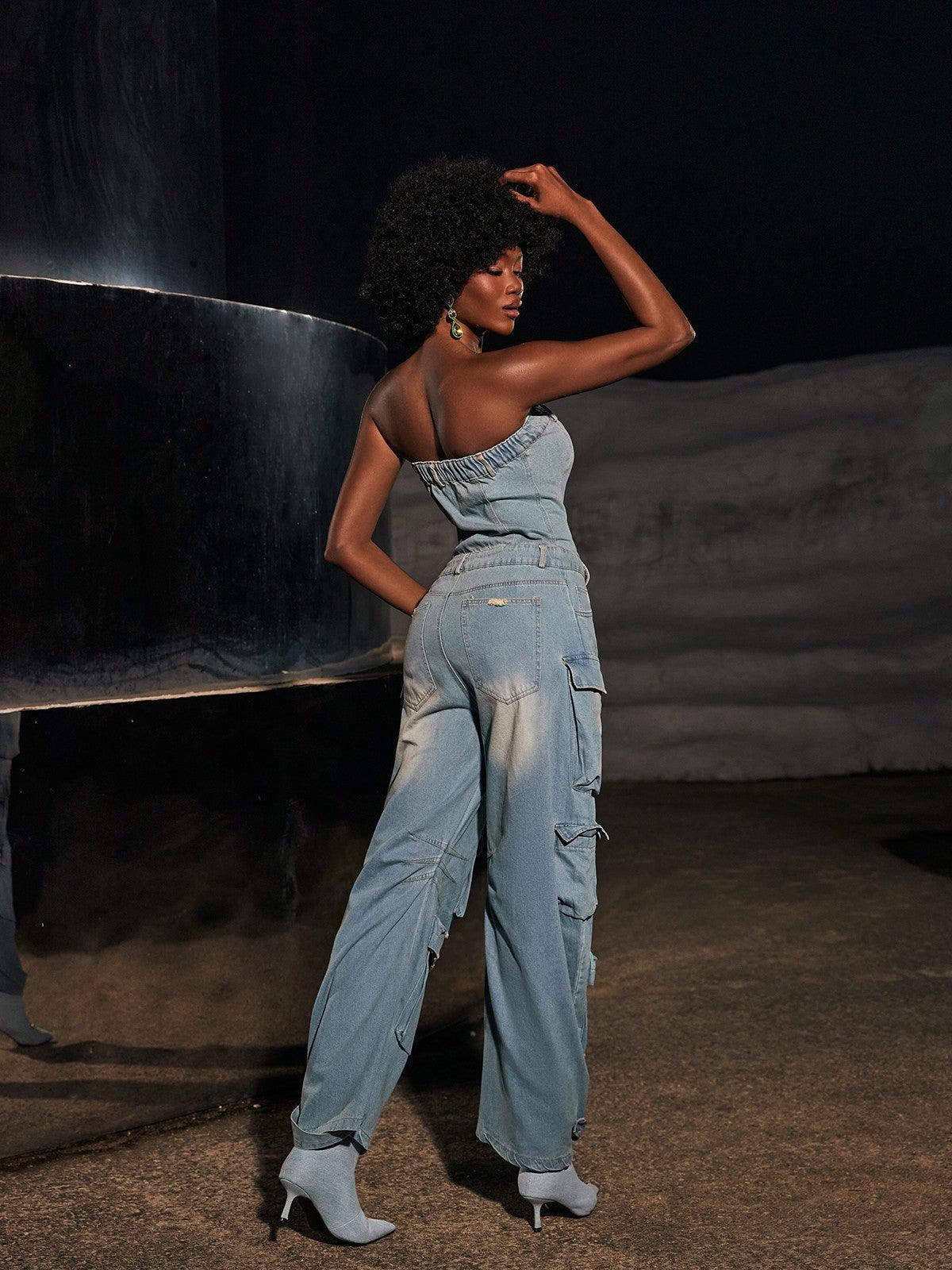 Eden Strapless Pocket Denim Jumpsuit In Blue – Mew Mews Fashion