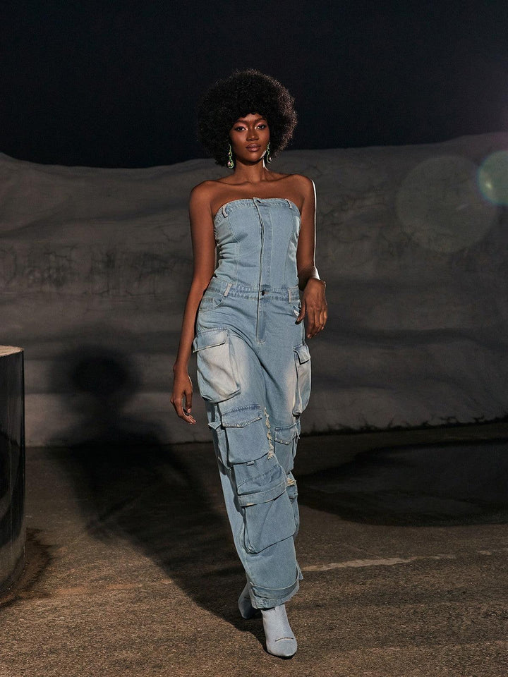 Eden Strapless Pocket Denim Jumpsuit In Blue - Mew Mews