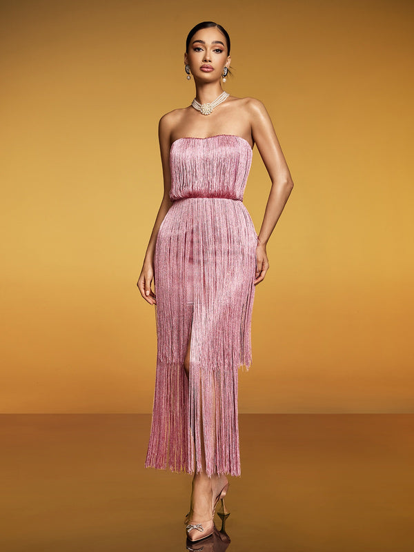 Eidolon Strapless Fringe Sequin Maxi Dress