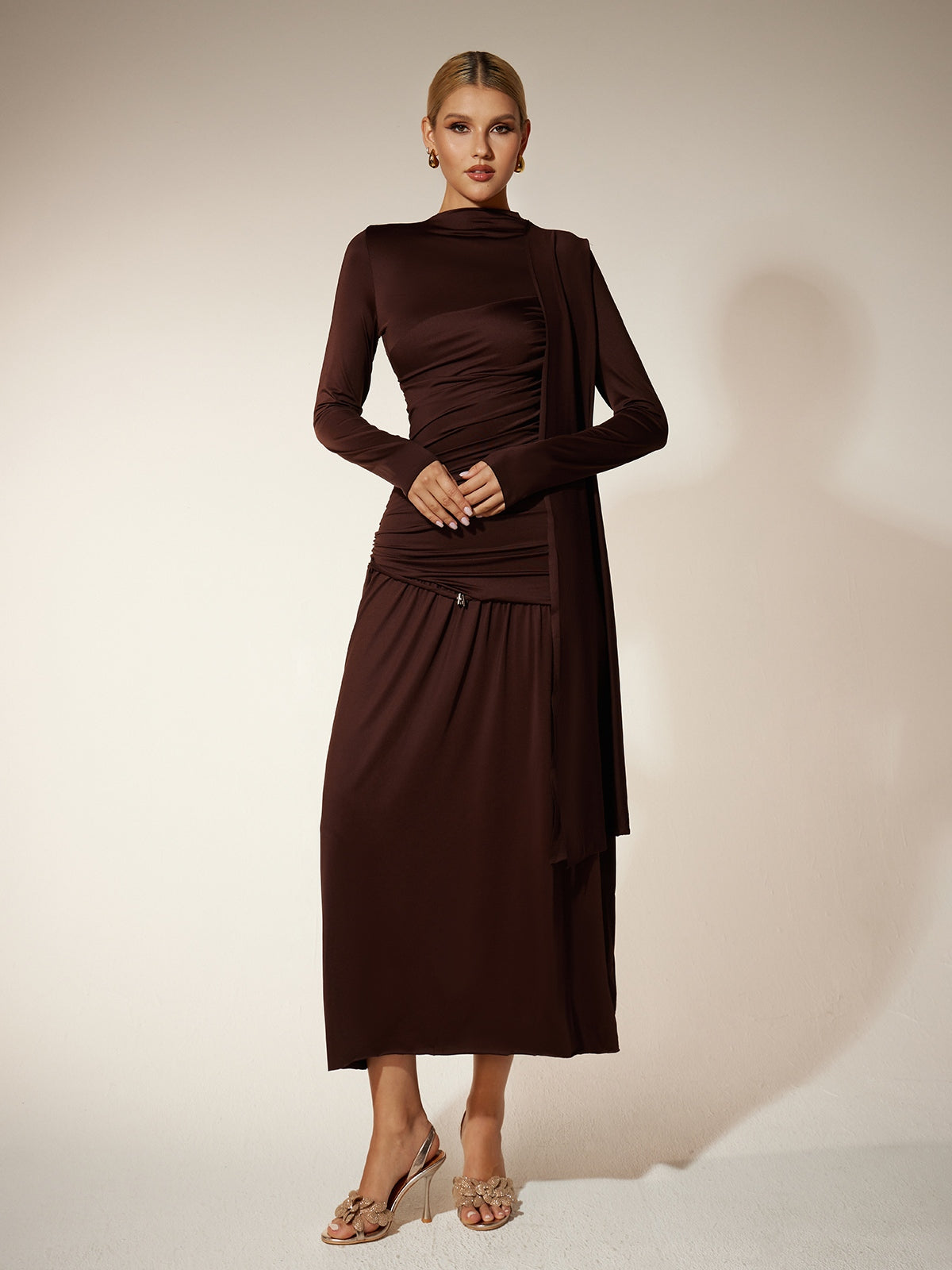 Mew Mews Eitan Long Sleeve Ruched Draped Midi Dress Mew Mews Eitan Long Sleeve Ruched Draped Midi Dress