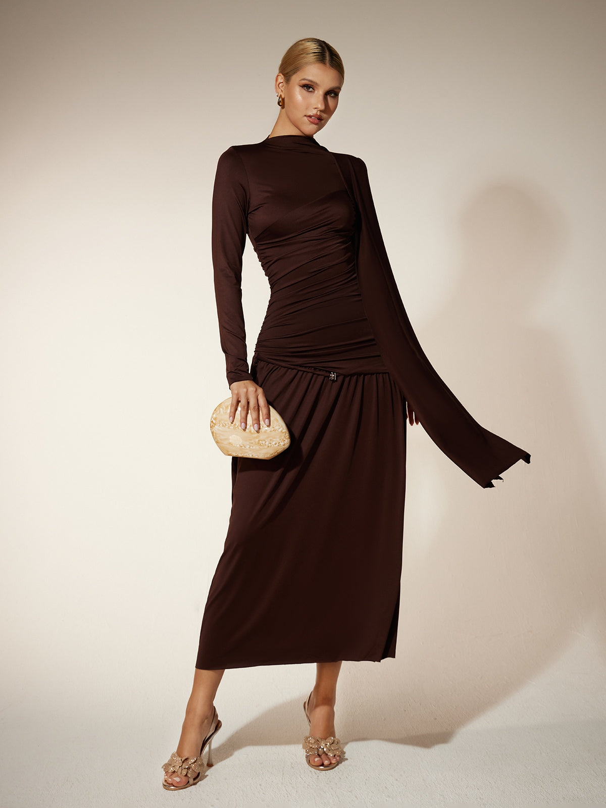 Mew Mews Eitan Long Sleeve Ruched Draped Midi Dress Mew Mews Eitan Long Sleeve Ruched Draped Midi Dress